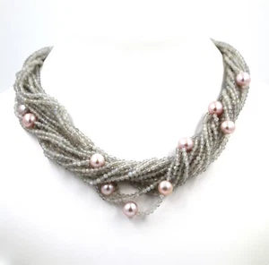 Necklace Infije IN Labradorite And Pearls Pink with Closure White Gold 18k - Picture 1 of 6