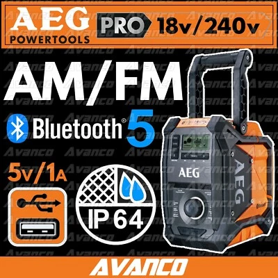 AEG 18V 240V Hybrid Bluetooth Jobsite Radio Cordless Skin 5.0 IP64 BRFMB18-0 NEW - Image 1 of 4