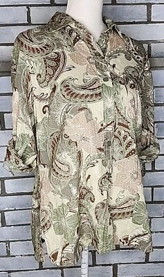 Karen Scott Women's 3/4 Roll Tab Sleeve Button Up Top Medium Paisley Multicolor  - Image 1 of 4
