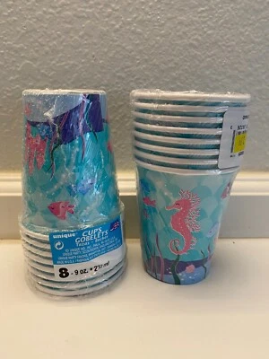 Lot of 2 packs Mermaid Birthday Party Paper Cups 9oz Party Supplies 16 ct. total - Image 1 of 2