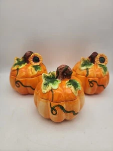 Set Of 3 Ceramic Art Pottery Pumpkins Storage Jars Cookie Jars Autumn Fall Decor - Picture 1 of 24