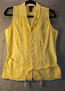 Carole Little Linen Para Mujer Talla M Amarillo Encaje Cinturón Pliegues Cuello Abotonado - Imagen 1 de 9