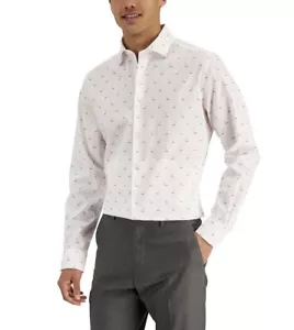 Bar III Men's Slim Fit Flamingo-Print Dress Shirt White Pink Size XL - Picture 1 of 5