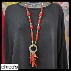 Chico's Faux Koralle Anhänger Halskette rot goldfarben Statement Schmuck 32"-36" - Bild 1 von 8
