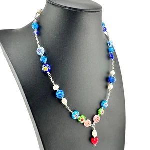 Handmade Millefiori Multicolor Italian Glass Freshwater Pearl 18" Necklace - Picture 1 of 5