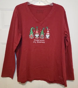 Ladies LIFE IS GOOD Red Long Slv Top Crusher Tee Chillin w/ Gnomies, Plus XXL - Picture 1 of 1