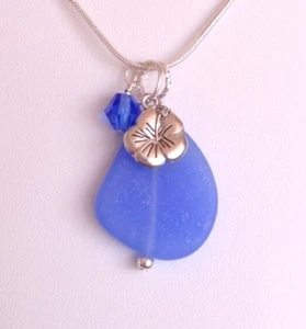 Sea glass OPAQUE SKY BLUE beach glass handmade hibiscus/crystal Pendant Necklace - Picture 1 of 5
