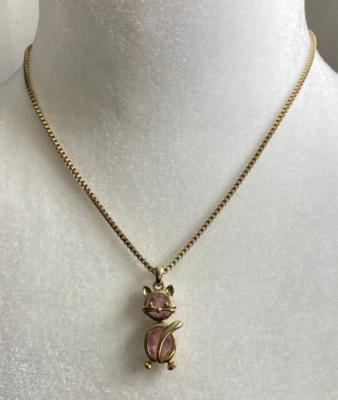 Collar colgante Avon tono oro cadena gato y cristal rosa joyería Foto 1 de 4