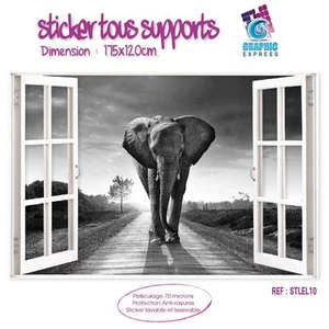 STICKER TROMPE OEIL FENETRE : ELEPHANT ANIMAUX - 6 TAILLES - STL-EL-10BW - Imagen 1 de 13
