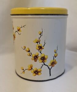 Vtg MCM Decoware Metal Kitchen YELLOW FLORAL Tin Canister mid century flowers