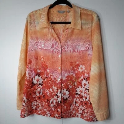 Coral Bay Blouse Women's Large GUC Ombre Shirt Sheer Floral Top Roll Tab Sleeves - Image 1 of 4