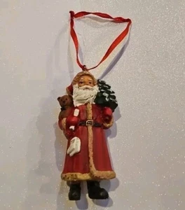 Vintage Keramik Weihnachtsschmuck Kugel Weihnachtsmann mit Baum + Teddybär Xmas - Bild 1 von 6