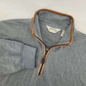 Maglione pullover Orvis uomo 1/4 zip bordo pelle blu casual taglia L - Foto 1 di 6