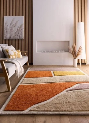 Alfombra retro moderna de mediados de siglo - bloques abstractos de 8x10 en sala de estar naranja Foto 1 de 4