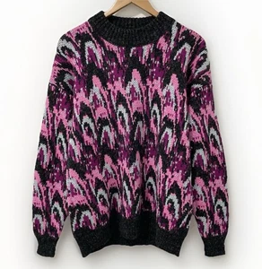 Vintage 80s Crazy Pattern Jumper Men's L Pink Black Chunky Knit Mock Neck Ugly - Picture 1 of 20