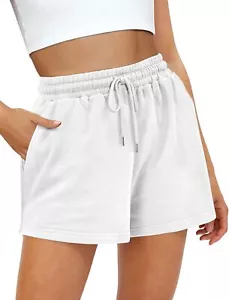 Womens Sweat Shorts, Summer Lounge Cotton Drawstring Shorts with Small, White - Picture 1 of 7