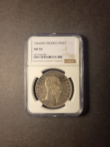 Mexico Meximilian silver peso 1866 Mo toned about uncirculated NGC AU55 Cover