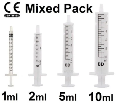 BD BECTON DICKINSON Mixed pack of Syringes 1ml 2ml 5ml & 10ml BD Sterile Disposable Medical Pets Ink