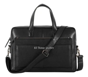 Laptop Bag Black Cowhide Leather Briefcase Shoulder Office Travel Messenger Bag - Picture 1 of 10