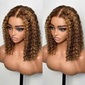 Highlight Color Short Bob Wigs Deep Wave Human Hair Deep Curly Full Frontal Wig - Picture 1 of 8