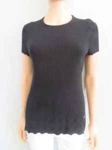 CHANEL Black Ribbed Short Sleeve Sweater Size F 38/US 6 - Picture 1 of 12