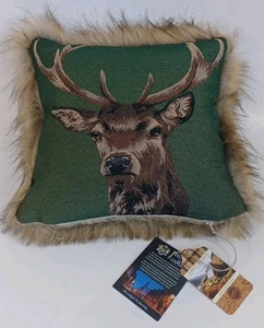 Luxury Tapestry Pillow Stag On Green 15x15 Faux Fur Hines Of Oxford, UK - Picture 1 of 2