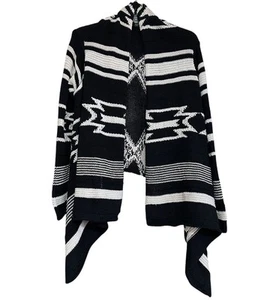 Lauren RALPH LAUREN Open Front Aztec Cardigan M Linen Cotton Wool Black Ivory - Picture 1 of 5