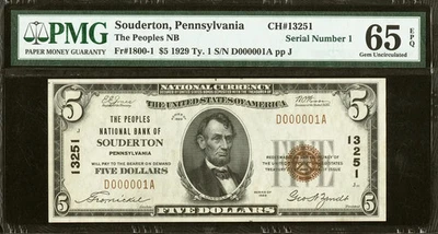 $5 1929 National Souderton PA Ch# 13251 SERIAL NUMBER ONE D000001A PMG Gem 65EPQ - Image 1 of 2
