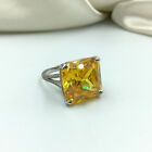 Huge Square Shape Yellow Citrine & White CZ Solitaire Women's Ring ( 9. Size )