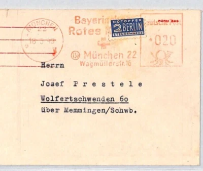 GERMANY Cover *BAVARIAN RED CROSS METER* Munich 1949 BERLIN Tax Stamp RC39 - Image 1 of 4