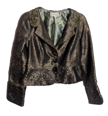 BAISERS ROUGE Metallic Brown Paisley Beaded Sequin Crop Jacket Size 8 S1 Formal - Image 1 of 4