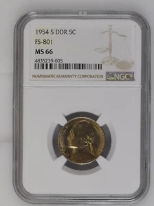 1954 S Nickel Jefferson NGC MS-66 S FS-801 - Picture 1 of 2