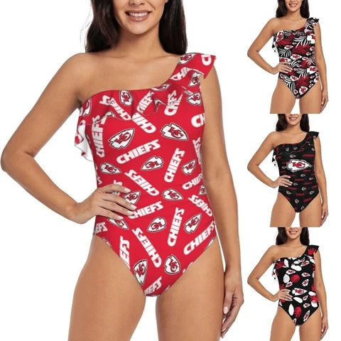 Kansas City Chiefs One Shoulder Ruffle Swimsuits Sexy Women's Bikini Swimsuit Cover