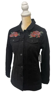 NEW LulaRoe Jaxon Black Jean Jacket Floral Embroidery Women's Size Small Roses - Picture 1 of 10