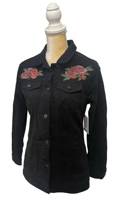NEW LulaRoe Black Jean Jacket Jaxon Floral Embroidery Women's Size Small Roses - Image 1 of 4