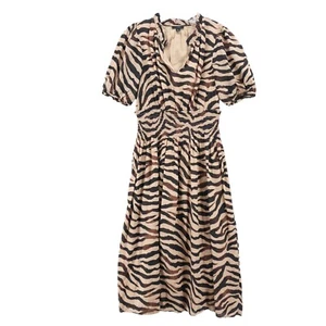 J. CREW Smocked Waist Cotton Voile Dress Zebra Stripe Puff Sleeve Size SMALL - Picture 1 of 8