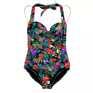 Catalina Floral One Piece Swimsuit Woman L Multicolor Retro Beach Halter Tropica - Picture 1 of 7