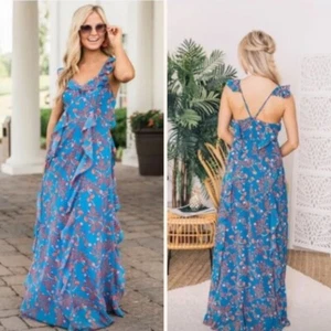 Pink Lily It’s Not A Dream Floral Maxi Dress sz S Basque Waist Flutter Ruffles - Picture 1 of 8