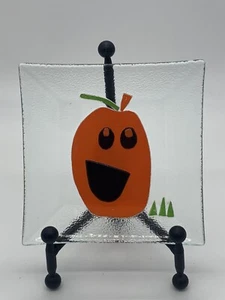 TAG Clear Glass 6” Square Appetizer Plate w/ Fused Glass Halloween Pumpkin - Picture 1 of 3