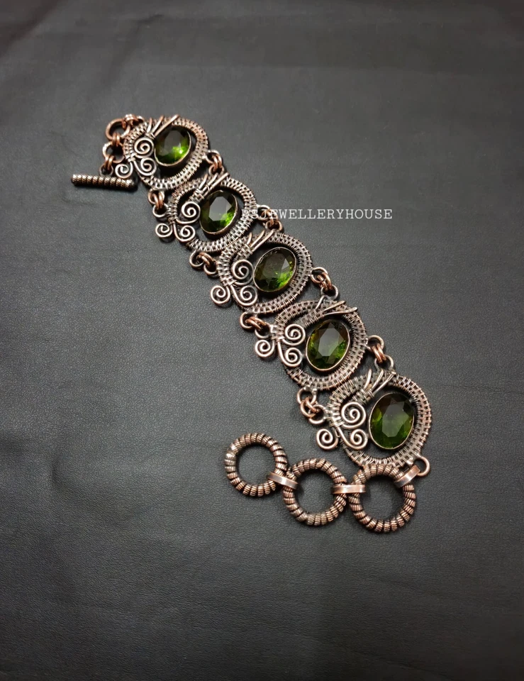Pulsera Joyería Cobre Peridoto Facetado Piedras Preciosas Alambre Envuelto Pulsera Regalo Foto 1 de 4