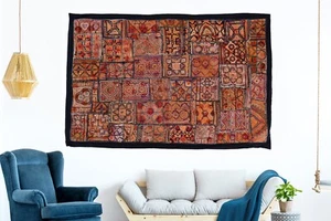 Antique Kali Zari Vintage Tapestry Embroidered Bohemian Patchwork Wall Hanging - Picture 1 of 6