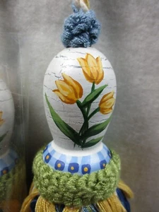 2 Yellow/Blue/Mint Painted Wood Top (Tulips) 6" Tassels/Tiebacks/Drapery/Curtain - Picture 1 of 6