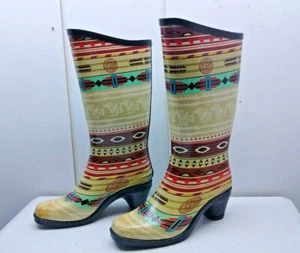 Pierre Dumas Aztec Red Green Rubber Tall Heel Boot Rain Winter Women's Shoes 7M - Picture 1 of 12