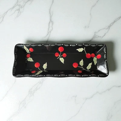 Vintage Laurie Gates Cherry Platter – Black & Red Ceramic Serving Tray, Late 20t Foto 1 de 4