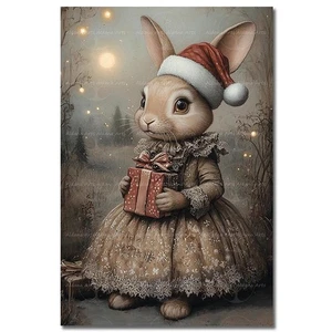 VIKTORIANISCHER HASE WEIHNACHTSMANNMÜTZE KUNSTDRUCK Fantasy Weihnachten Poster Urlaub Geschenk Deko - Bild 1 von 2