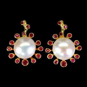 925 Sterling Silver Earrings Round Ruby Pearl Natural Gemstone Jewelry - Picture 1 of 14