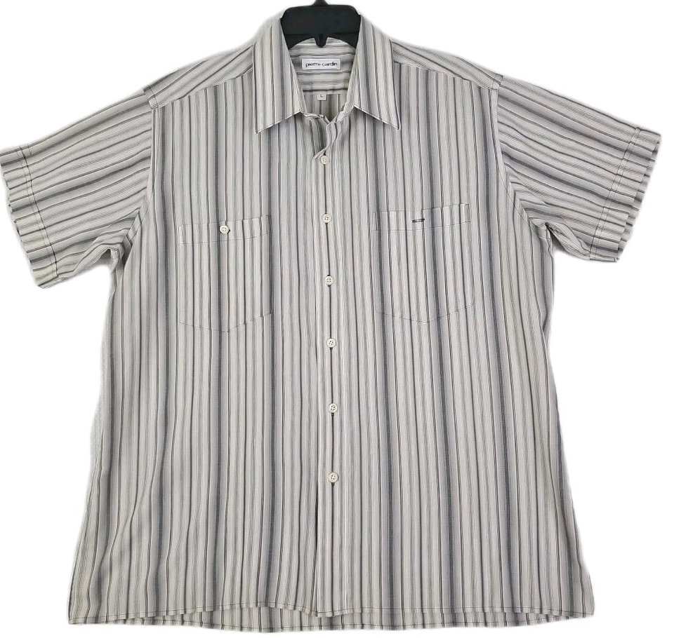 Pierre Cardin ~Men's Size L~ Gray Striped Cotton Blend Short Sleeve Shirt. - Image 1 of 4