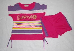 Girls Shorts Set STRIPED TEE SHIRT Shoulder Cut-Outs M 7-8 PINK SHORTS Love - Picture 1 of 1