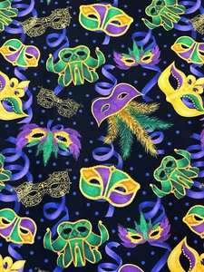 MARDI GRAS PARTY MASKS BY HENRY GLASS MASQUERADE MASK COTTON FABRIC 31"x44" - Picture 1 of 6