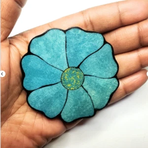 Vintage Laquer Blue Wood Flower Cabochon 2.75" 1ct - Picture 1 of 4